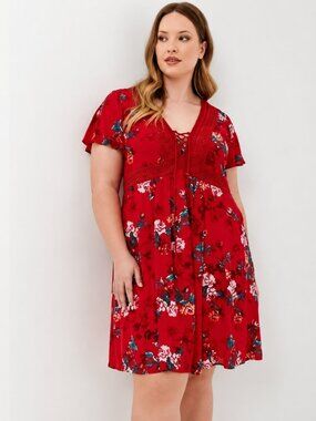Torrid Red Floral Gauze Dress 3X Lace Up Boho Pockets Lined Plus Size